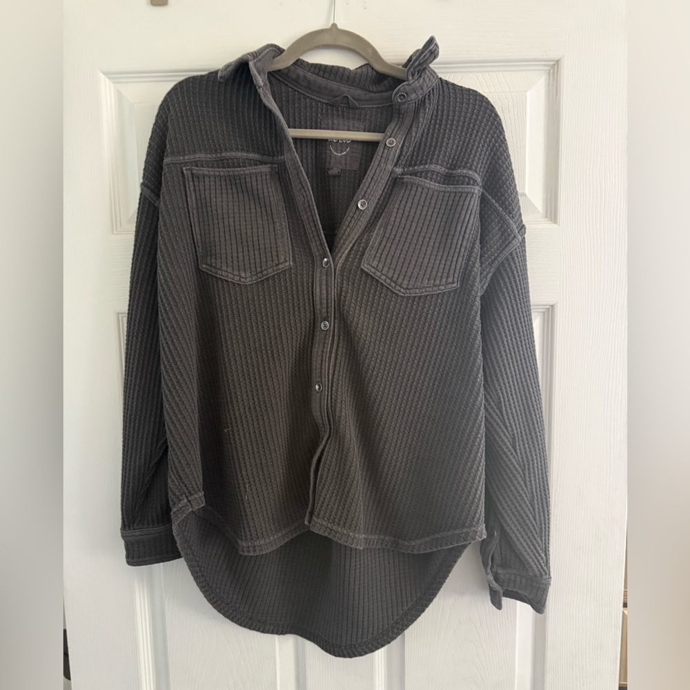 aerie Women's Long-Sleeve Waffle Henley Shirt Jacket - Charcoal Gray